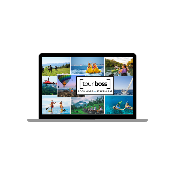 Laptop displaying vibrant tourism images and the Tour Boss logo, emphasizing digital marketing for tour operators and promoting the message "Book More, Stress Less."