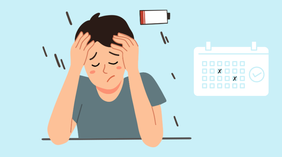 Frustrated person with a low battery icon and calendar, representing stress and time management challenges for tour operators.